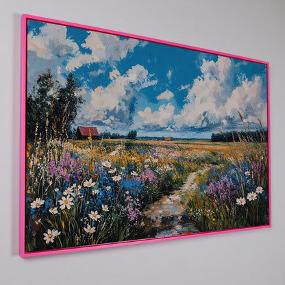 Wildflower Field Canvas with Cerulean Sky in pink floating frame
