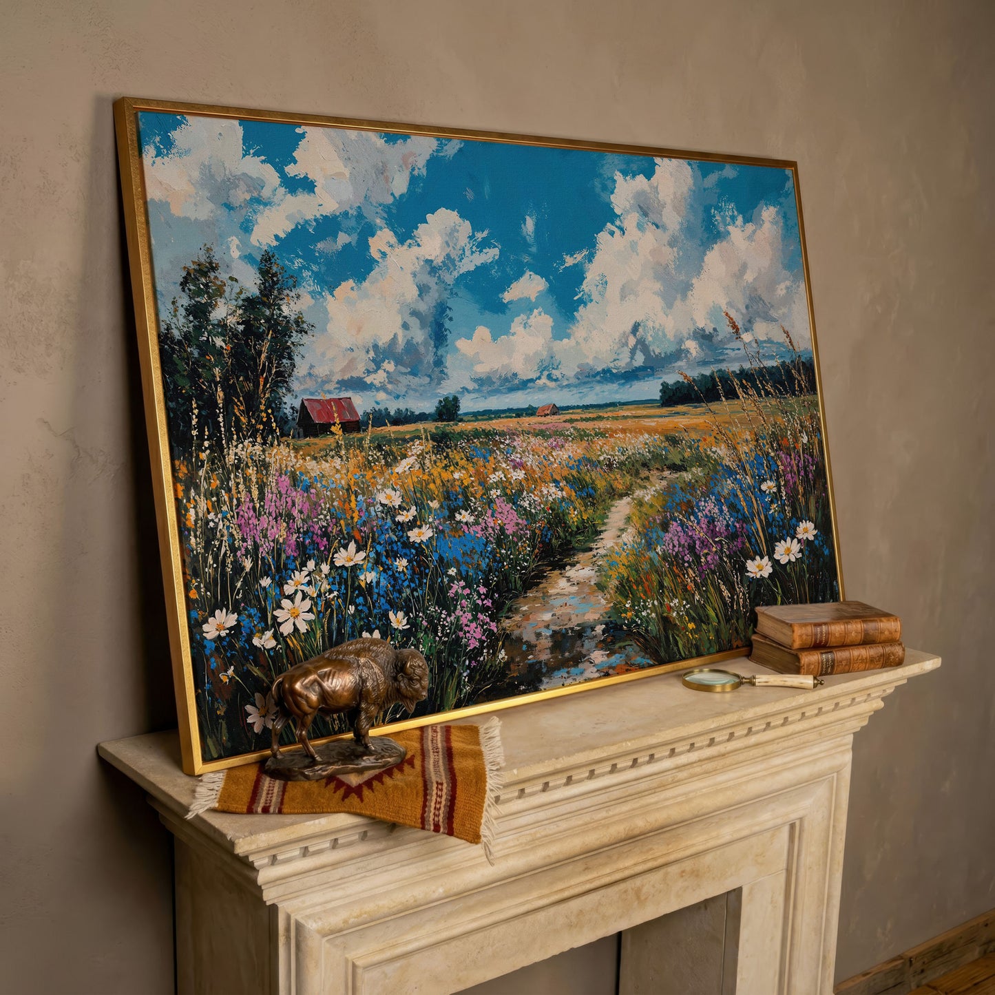 Wildflower Field Canvas with Cerulean Sky in rose gold floating frame