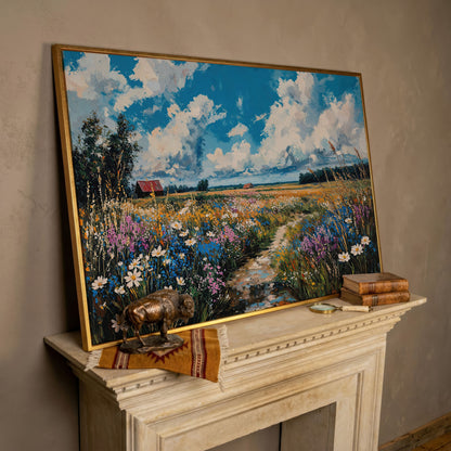 Wildflower Field Canvas with Cerulean Sky in rose gold floating frame