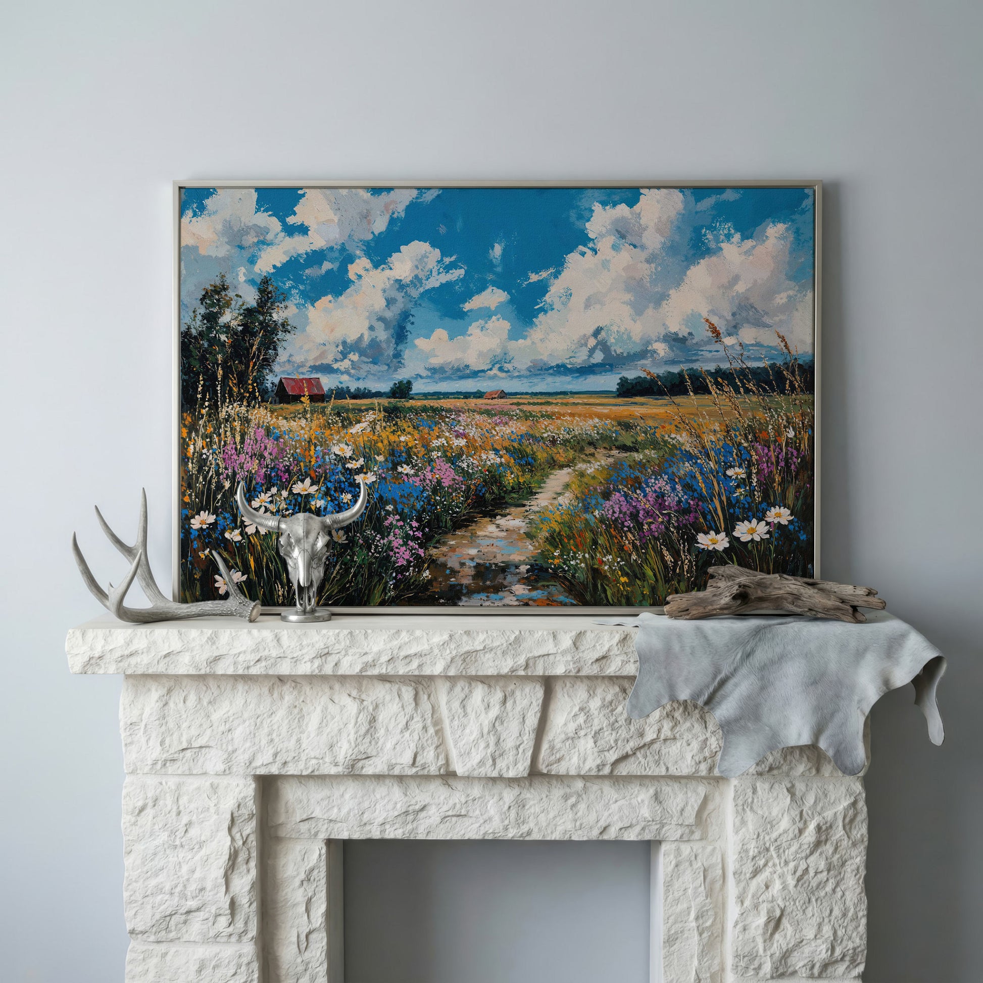 Wildflower Field Canvas with Cerulean Sky in silver floating frame