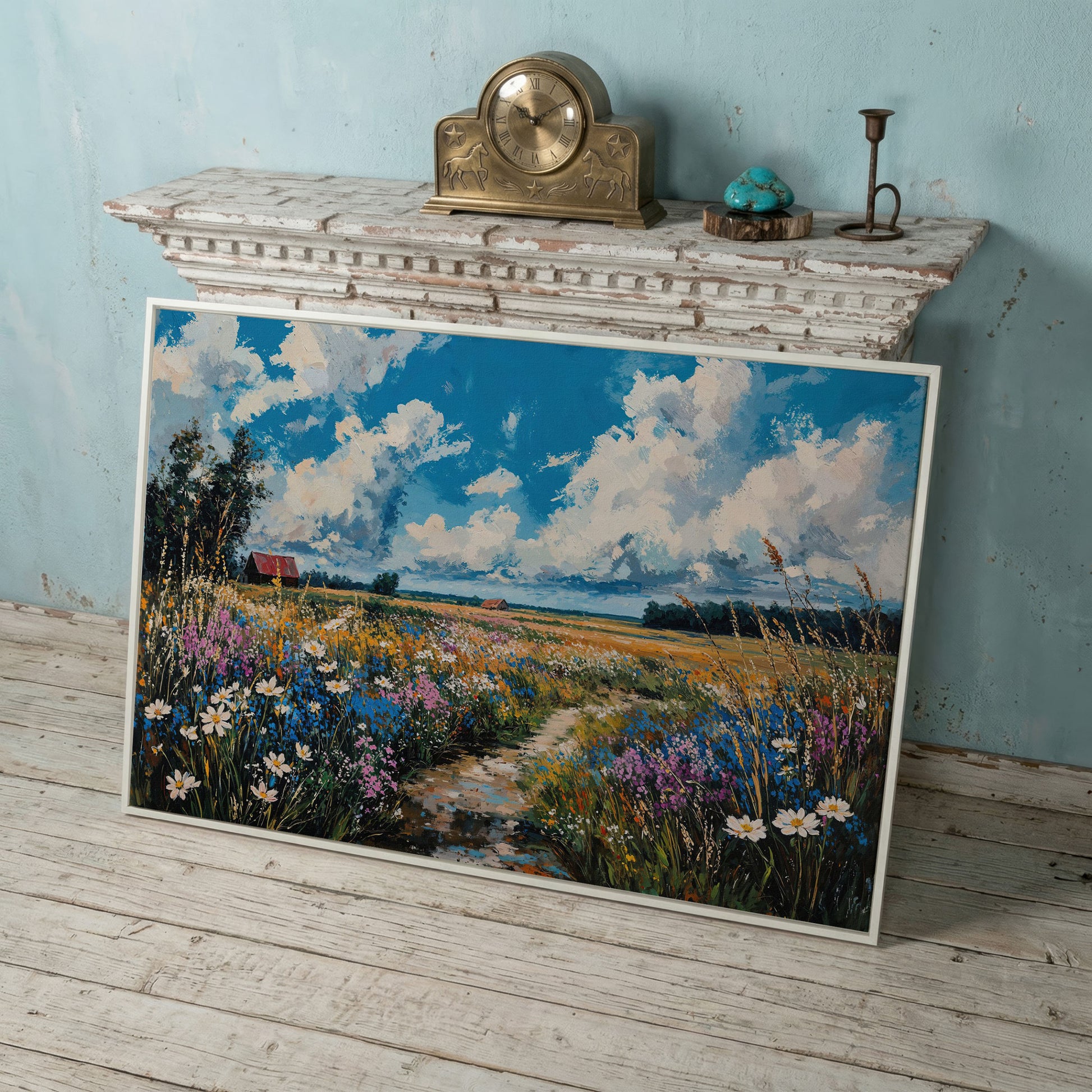 Wildflower Field Canvas with Cerulean Sky in white floating frame