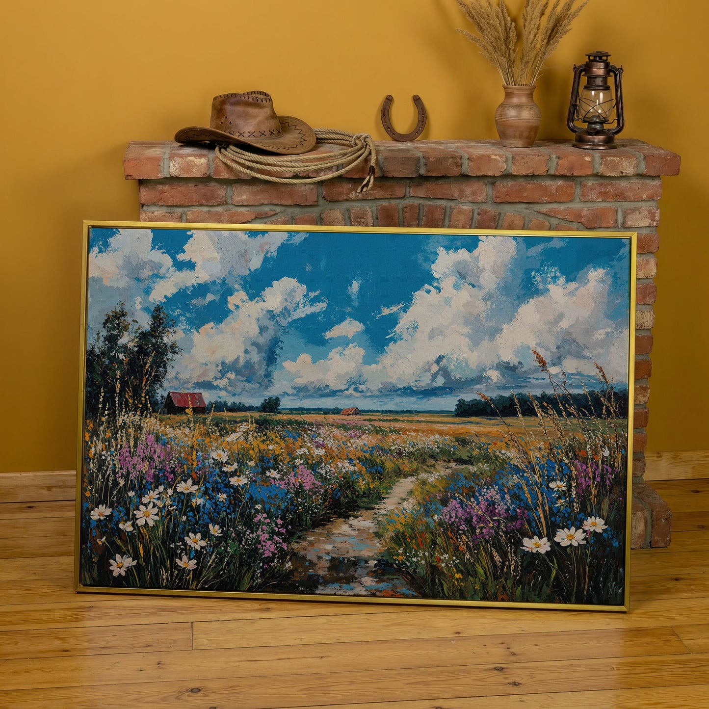Wildflower Field Canvas with Cerulean Sky in yellow gold floating frame