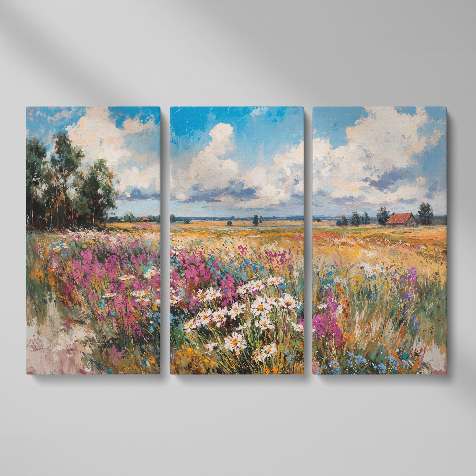 Rustic Country Landscape with Wildflowers Canvas as 3-panel split version