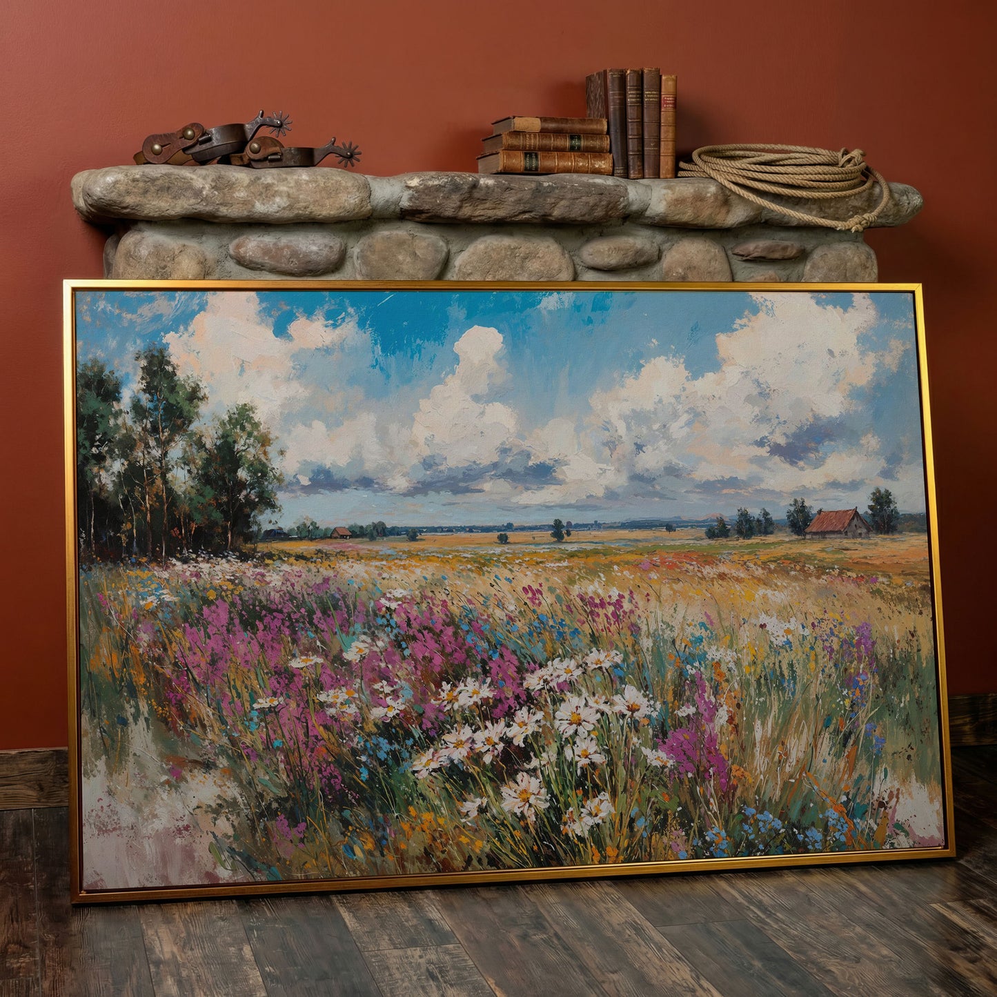 Rustic Country Landscape with Wildflowers Canvas in antique gold floating frame