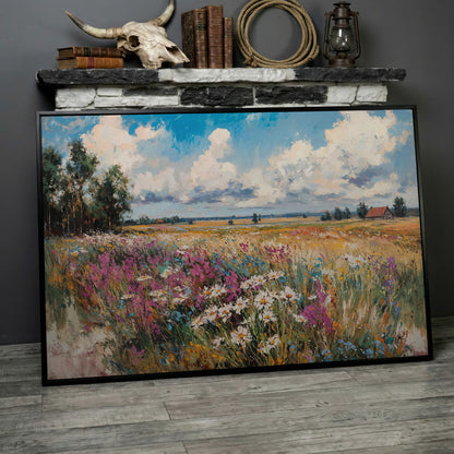 Rustic Country Landscape with Wildflowers Canvas in black floating frame