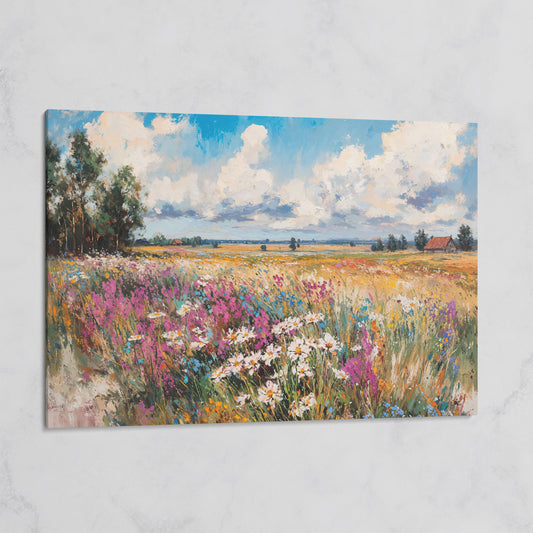 Rustic Country Landscape with Wildflowers Canvas on gallery wrap