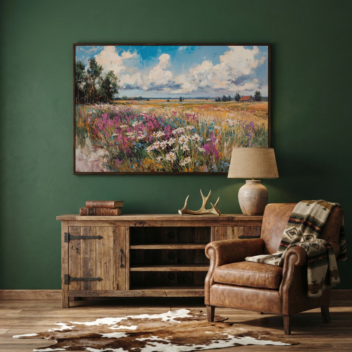 Rustic Country Landscape with Wildflowers Canvas in dark walnut floating frame