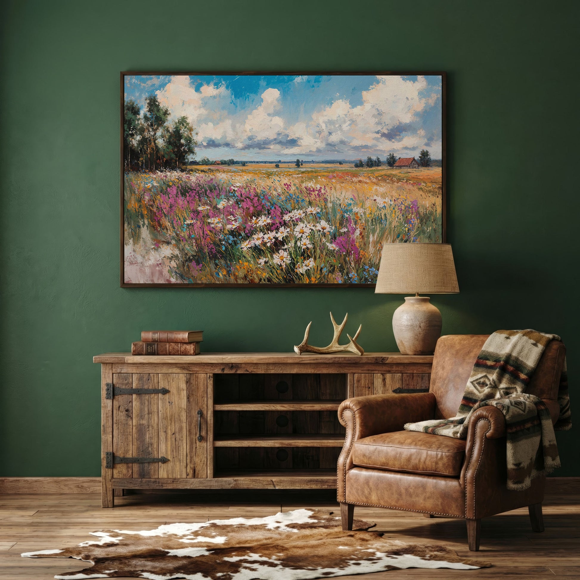 Rustic Country Landscape with Wildflowers Canvas in dark walnut floating frame