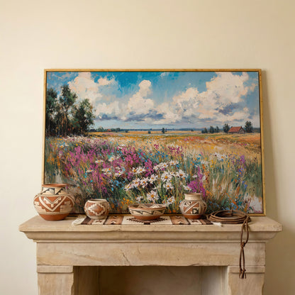 Rustic Country Landscape with Wildflowers Canvas in white oak floating frame