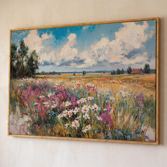 Rustic Country Landscape with Wildflowers Canvas shown in white oak floating frame