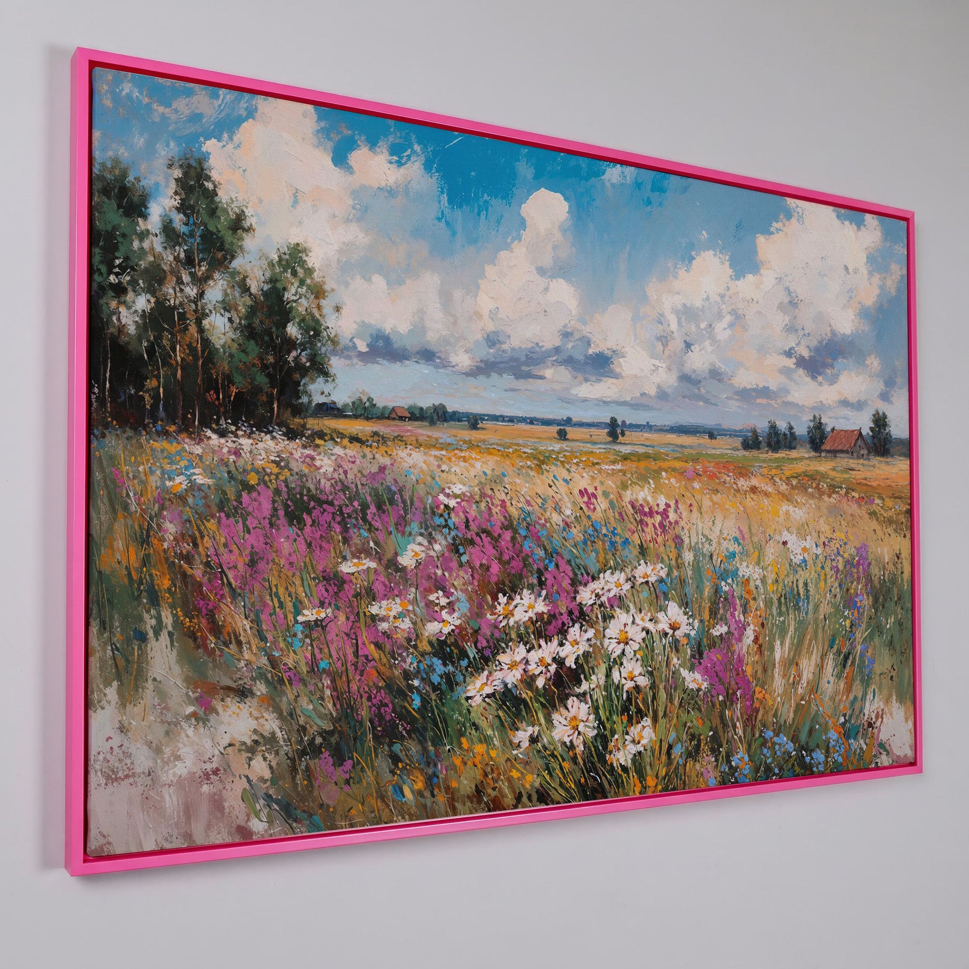 Rustic Country Landscape with Wildflowers Canvas in pink floating frame