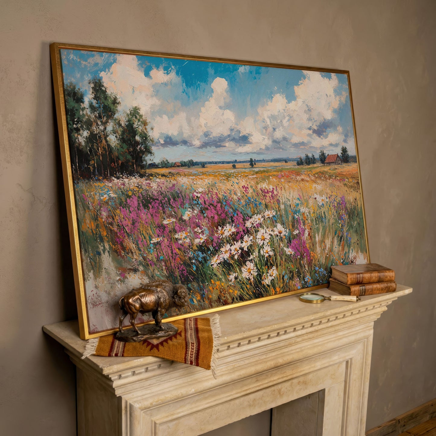 Rustic Country Landscape with Wildflowers Canvas in rose gold floating frame