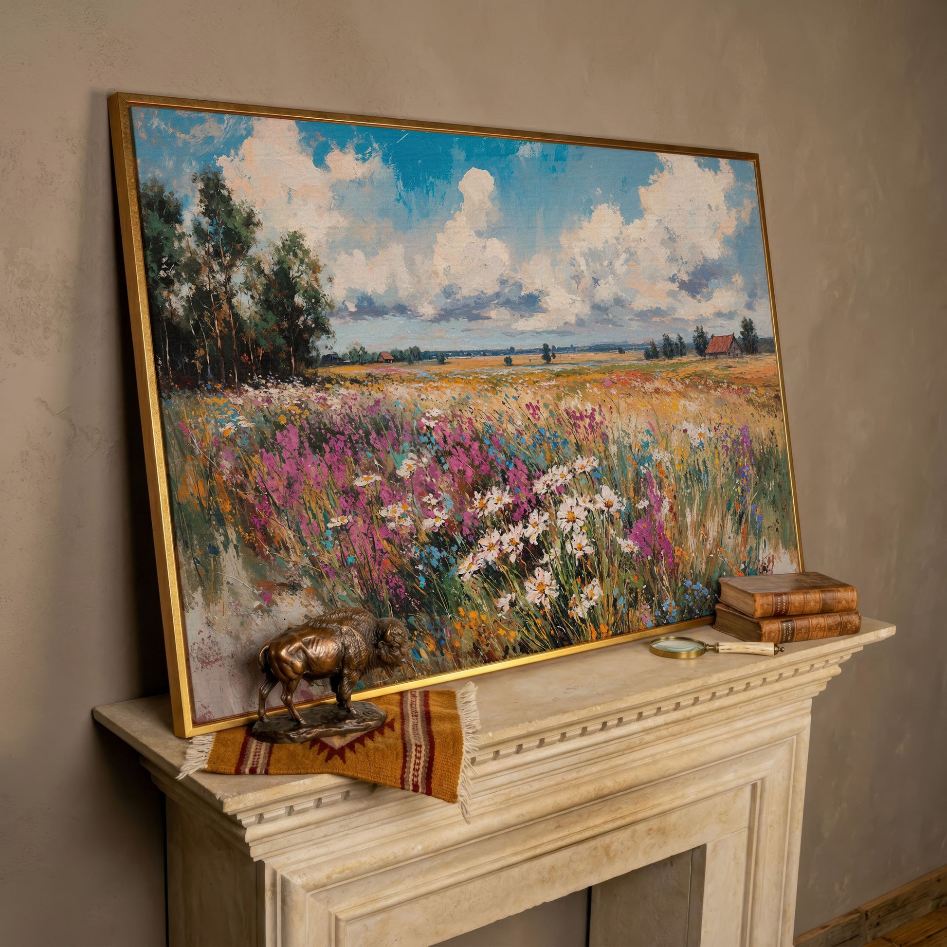 Rustic Country Landscape with Wildflowers Canvas in rose gold floating frame