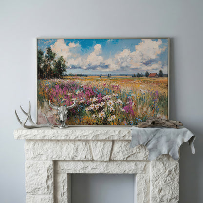 Rustic Country Landscape with Wildflowers Canvas in silver floating frame