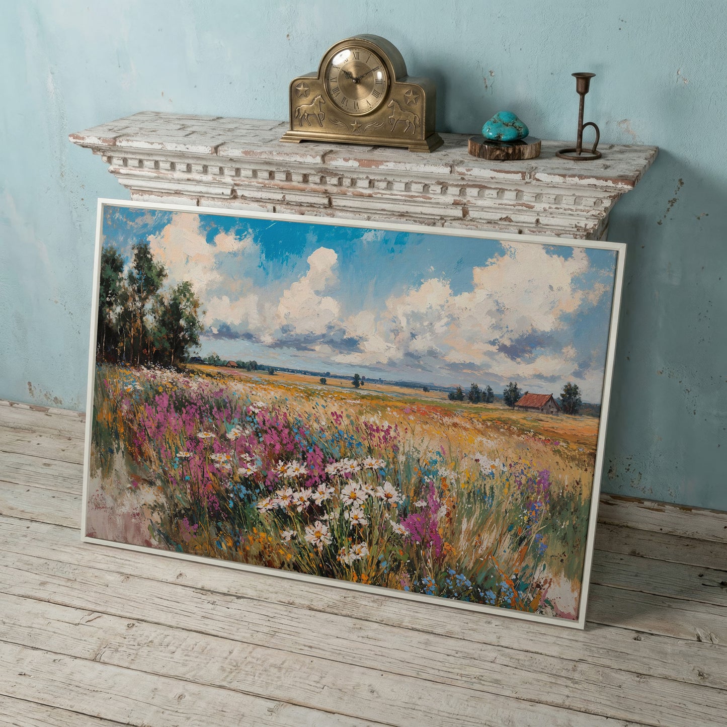 Rustic Country Landscape with Wildflowers Canvas in white floating frame