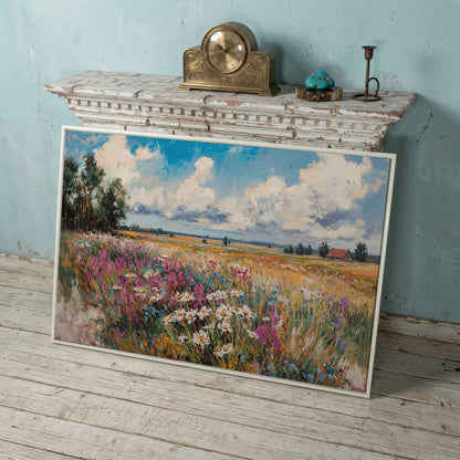 Rustic Country Landscape with Wildflowers Canvas in white floating frame
