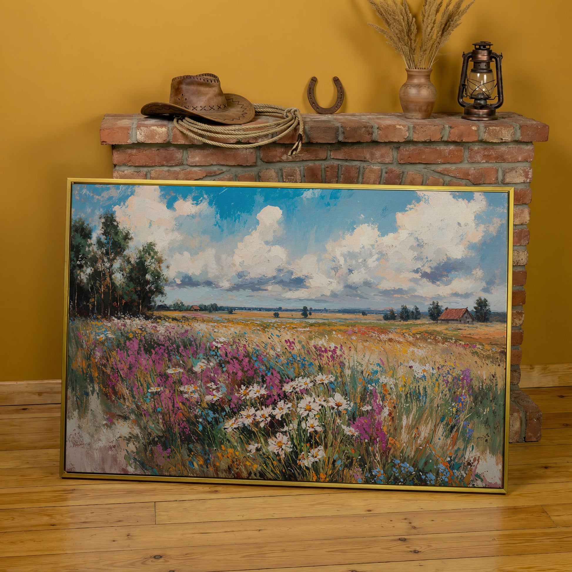 Rustic Country Landscape with Wildflowers Canvas in yellow gold floating frame