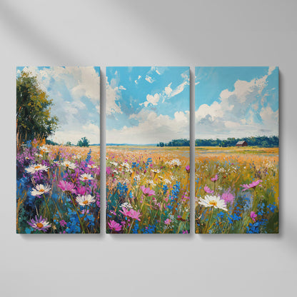 Spring Wildflowers Landscape Canvas Print as 3-panel split version