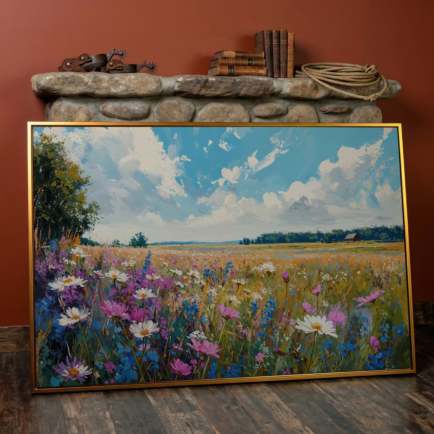 Spring Wildflowers Landscape Canvas Print in antique gold floating frame