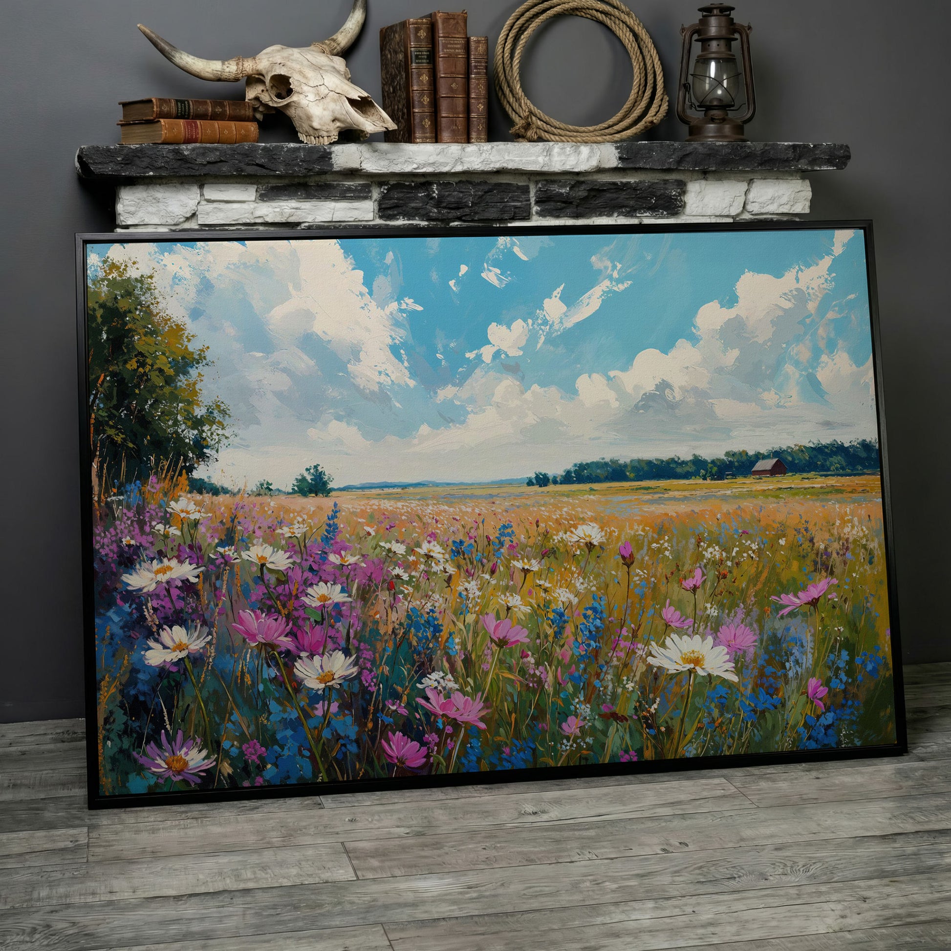 Spring Wildflowers Landscape Canvas Print in black floating frame