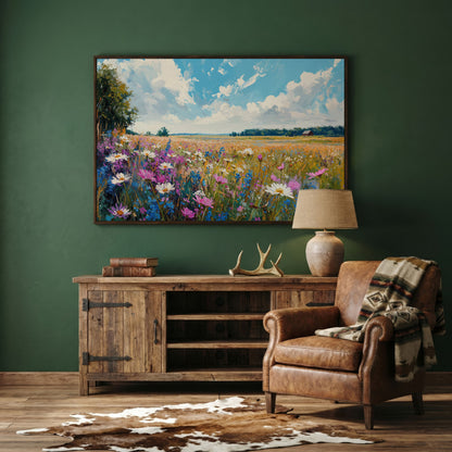 Spring Wildflowers Landscape Canvas Print in dark walnut floating frame