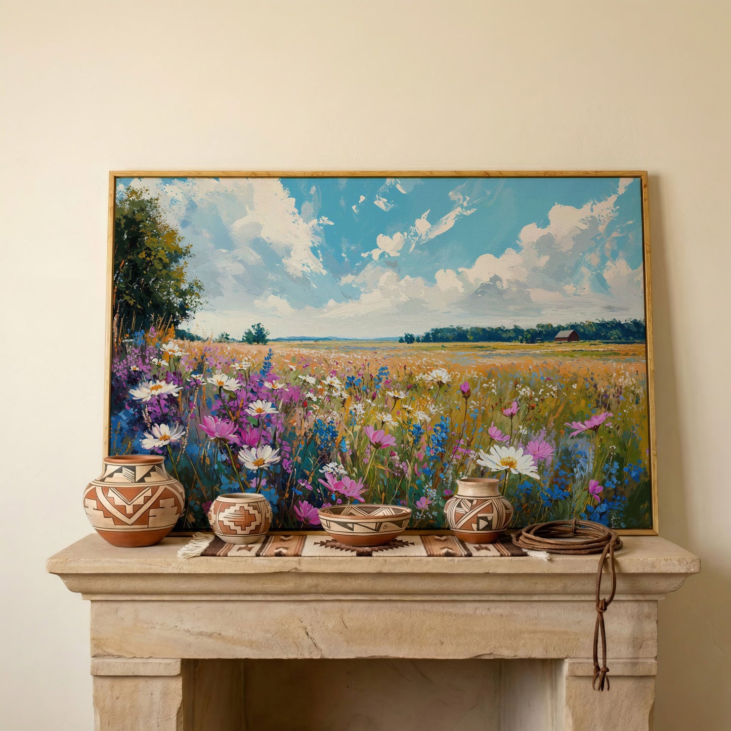 Spring Wildflowers Landscape Canvas Print in white oak floating frame