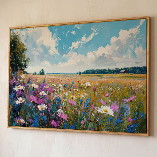 Spring Wildflowers Landscape Canvas Print shown in white oak floating frame