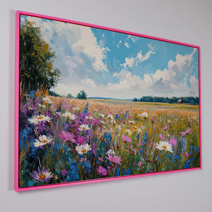 Spring Wildflowers Landscape Canvas Print in pink floating frame