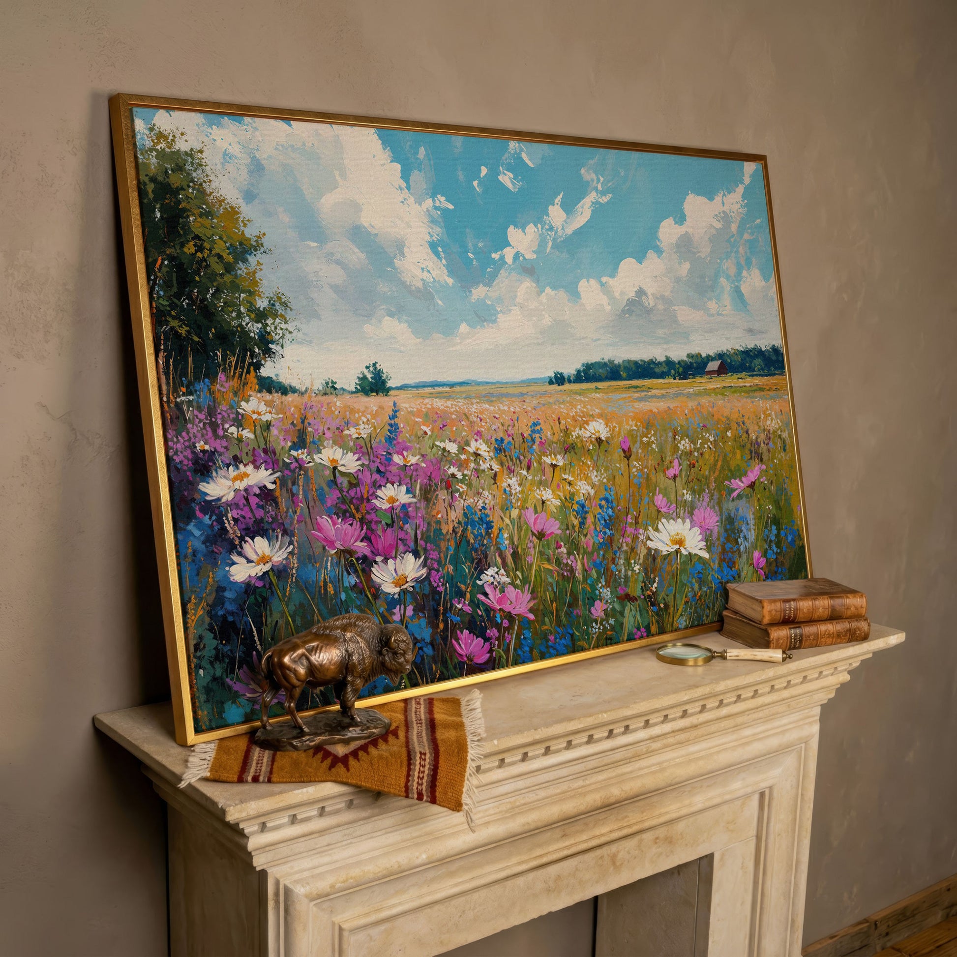 Spring Wildflowers Landscape Canvas Print in rose gold floating frame