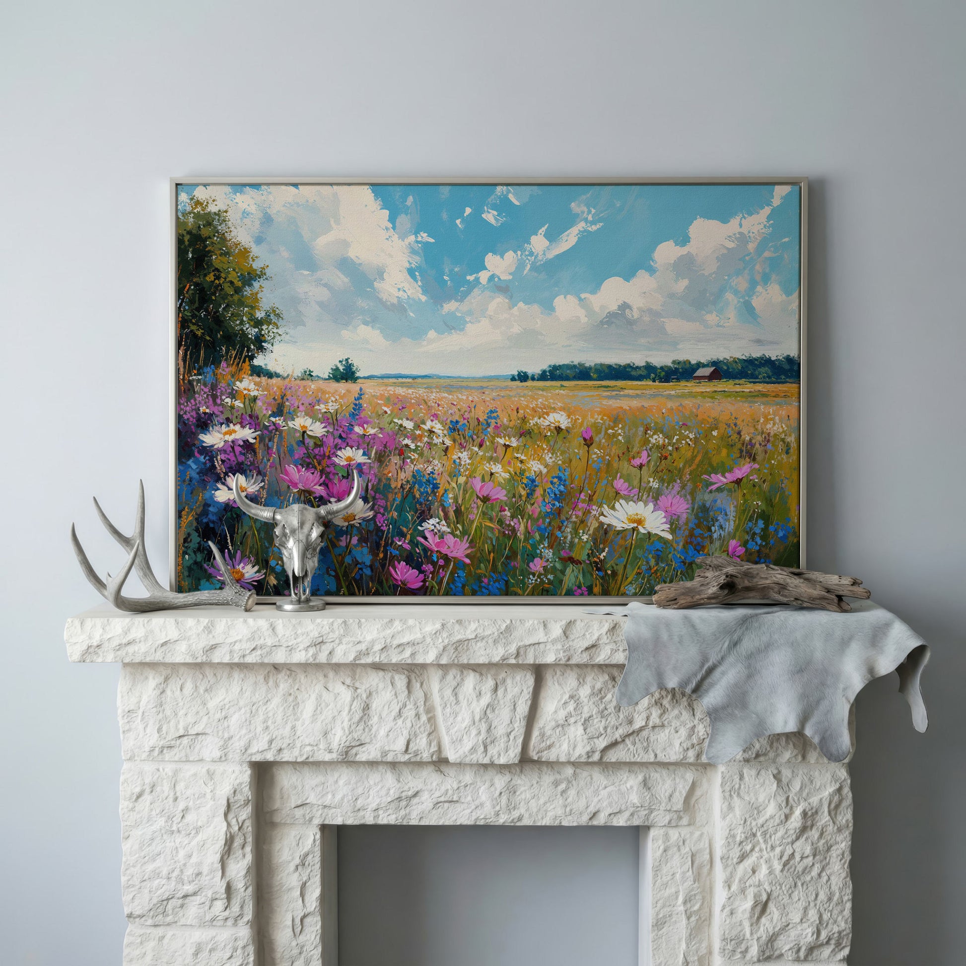 Spring Wildflowers Landscape Canvas Print in silver floating frame