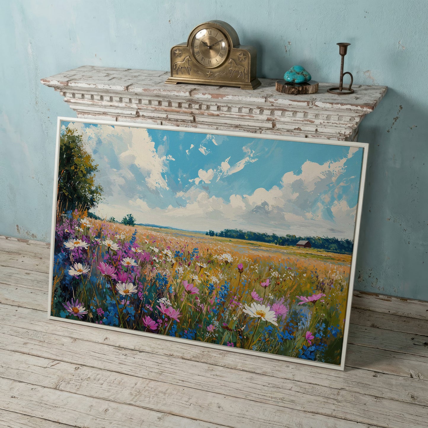 Spring Wildflowers Landscape Canvas Print in white floating frame