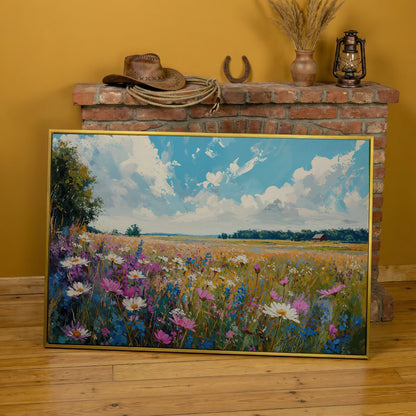 Spring Wildflowers Landscape Canvas Print in yellow gold floating frame
