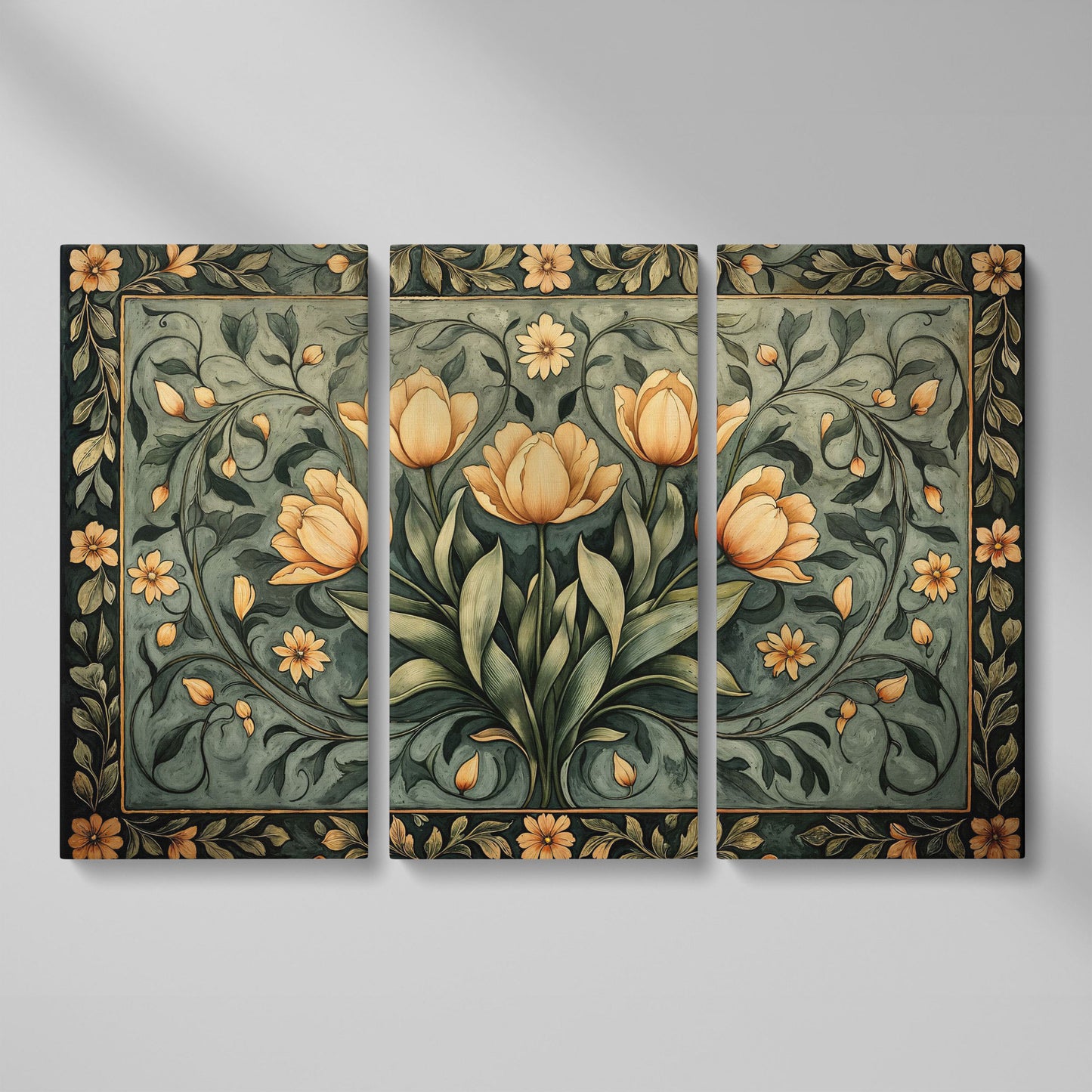 Art Nouveau Tulip Canvas Wall Art in Sage Green as 3-panel split version