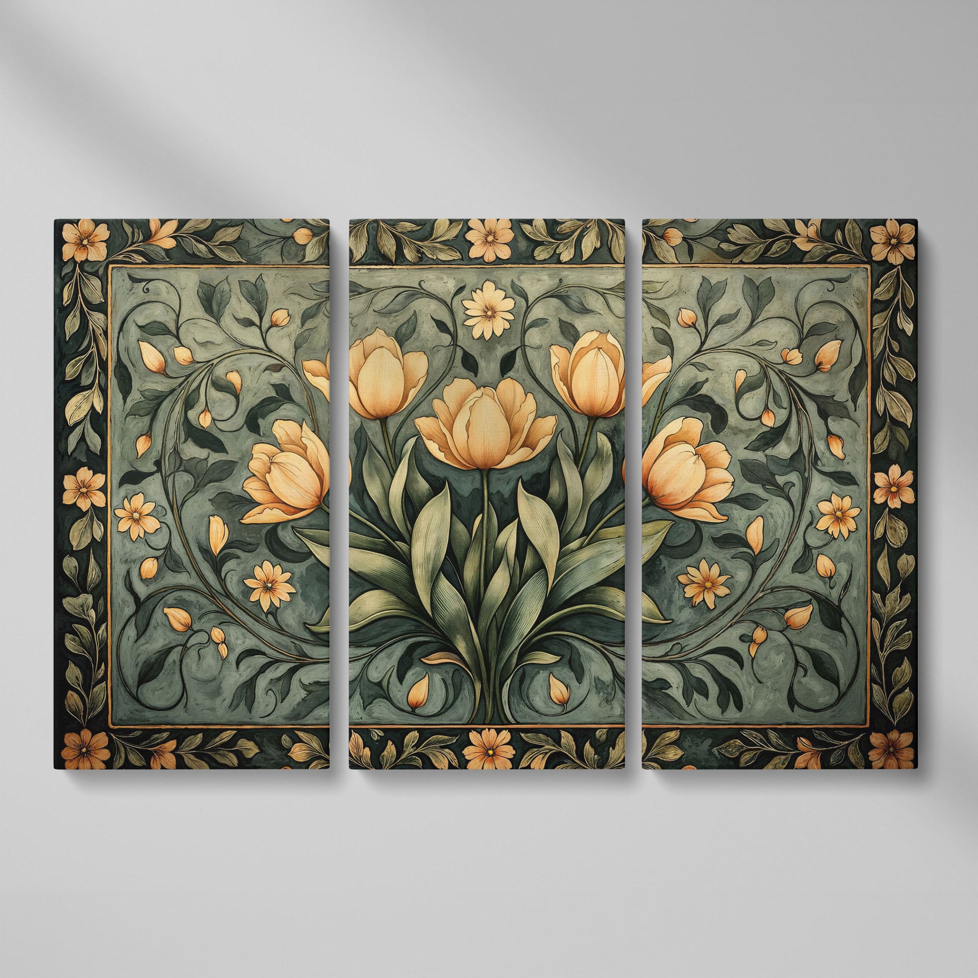 Art Nouveau Tulip Canvas Wall Art in Sage Green as 3-panel split version