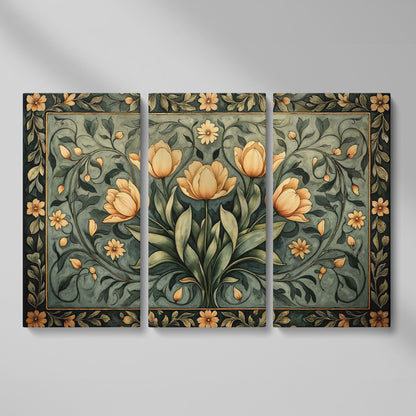 Art Nouveau Tulip Canvas Wall Art in Sage Green as 3-panel split version