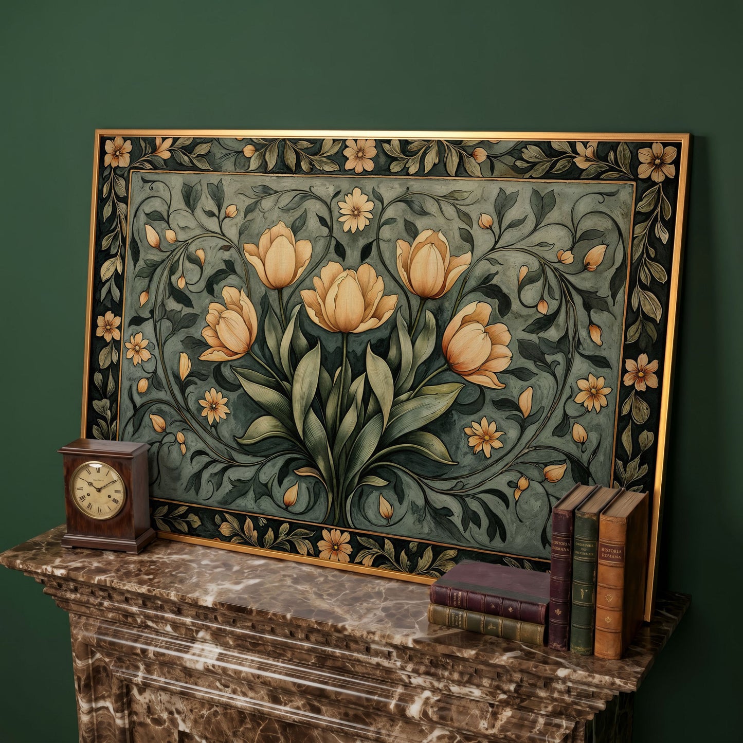 Art Nouveau Tulip Canvas Wall Art in Sage Green in antique gold floating frame