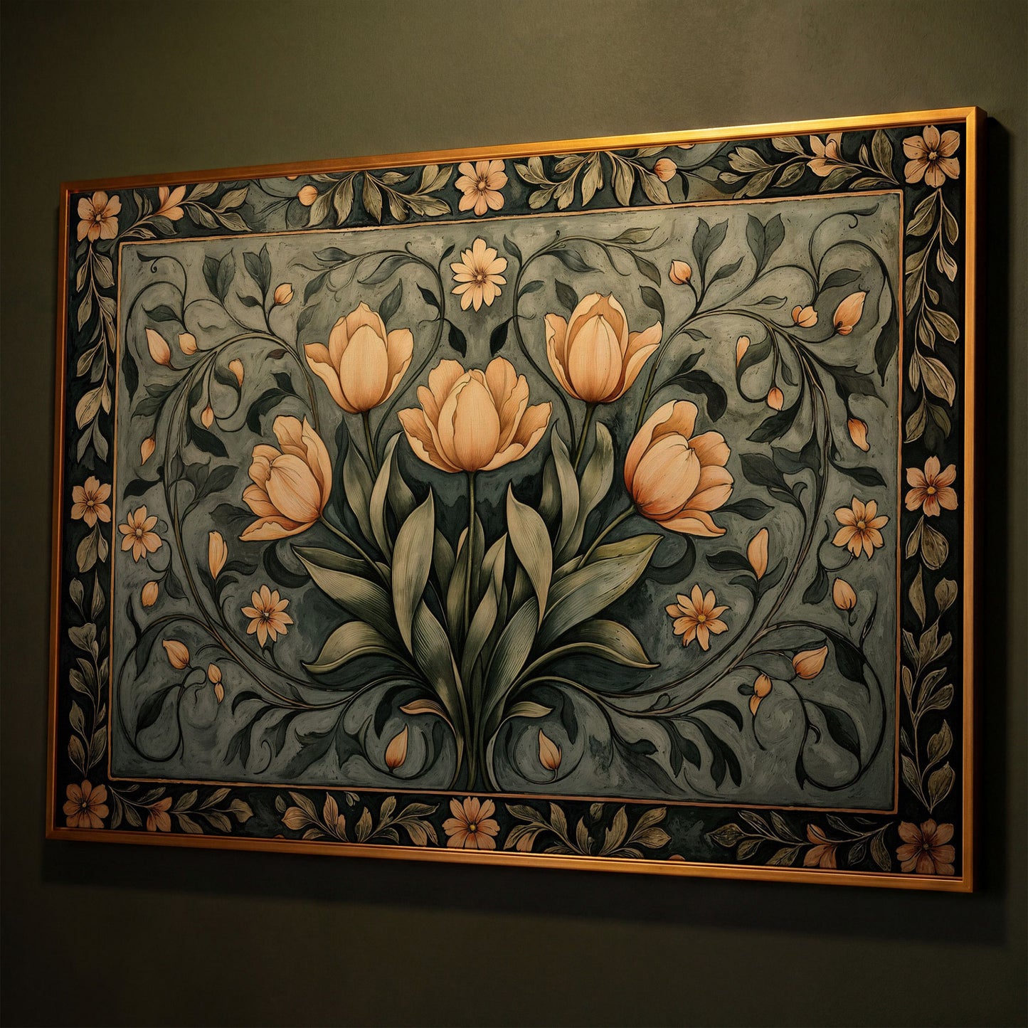 Art Nouveau Tulip Canvas Wall Art in Sage Green shown in antique gold floating frame