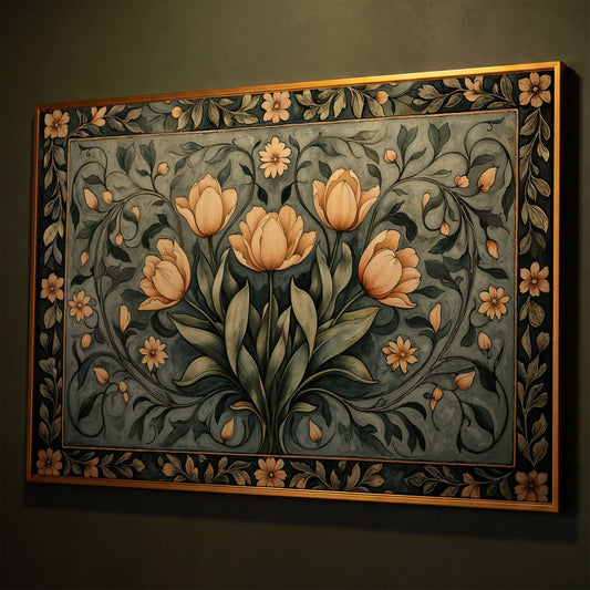 Art Nouveau Tulip Canvas Wall Art in Sage Green shown in antique gold floating frame