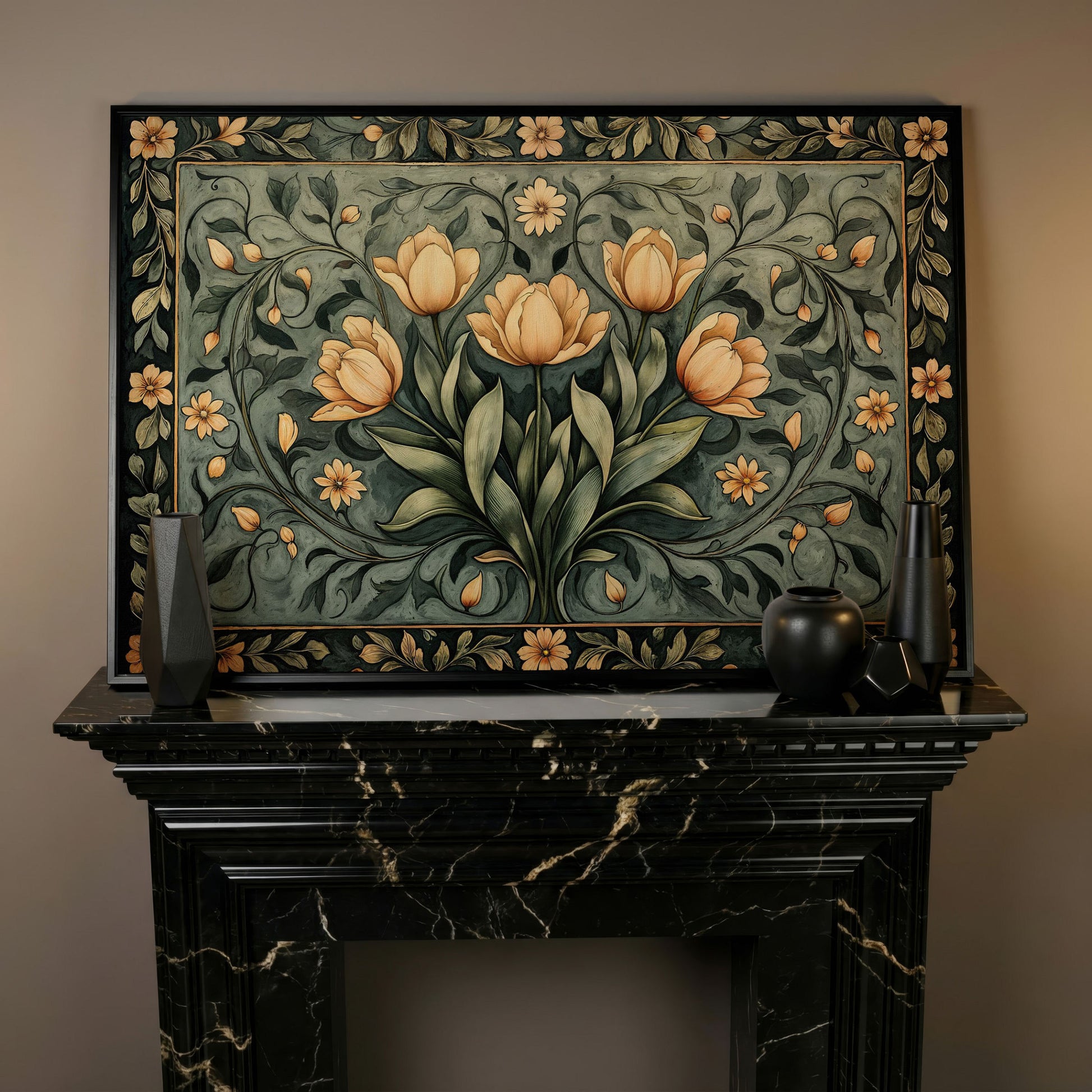 Art Nouveau Tulip Canvas Wall Art in Sage Green in black floating frame
