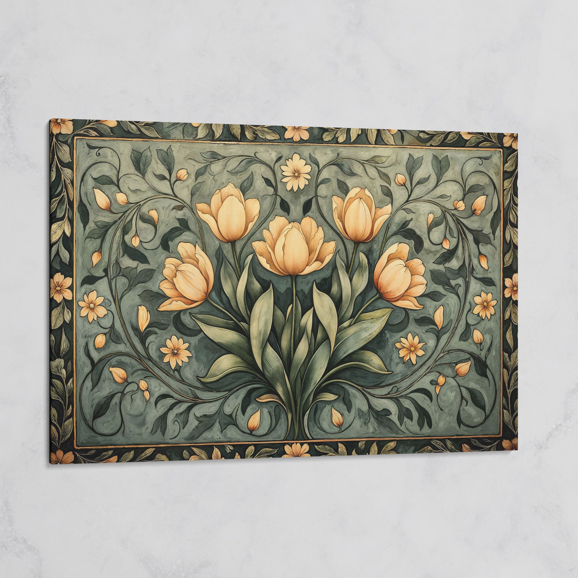 Art Nouveau Tulip Canvas Wall Art in Sage Green on gallery wrap