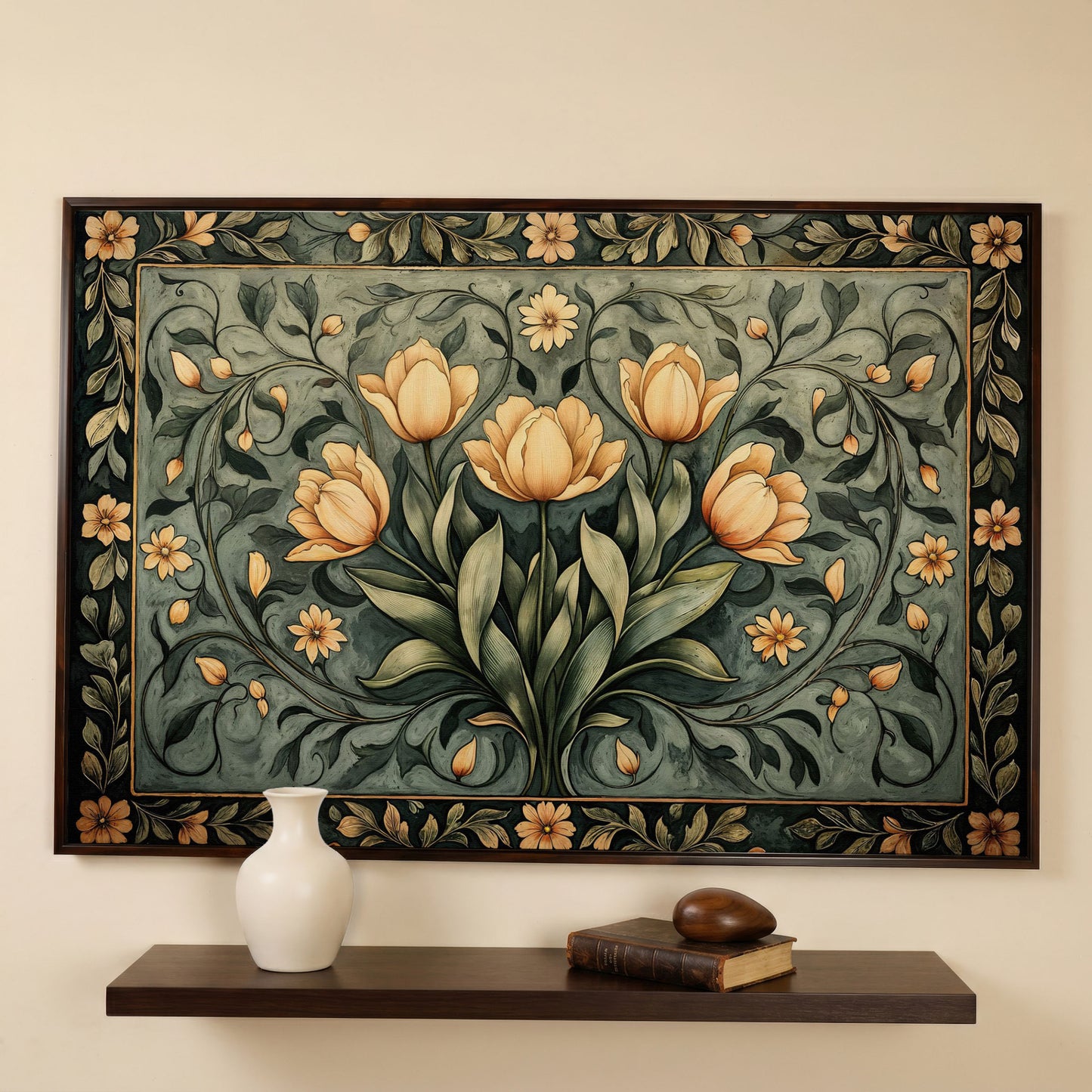 Art Nouveau Tulip Canvas Wall Art in Sage Green in dark walnut floating frame