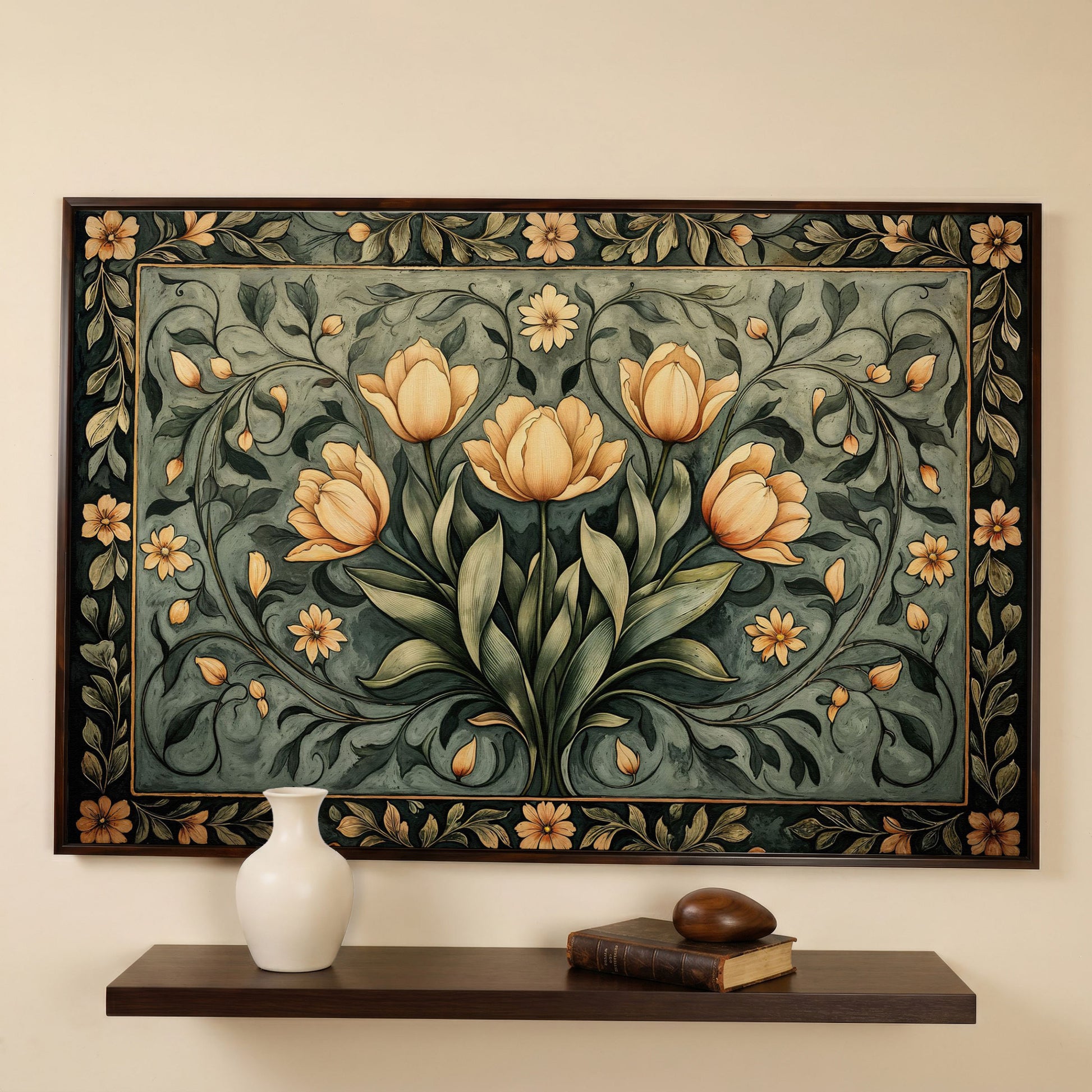 Art Nouveau Tulip Canvas Wall Art in Sage Green in dark walnut floating frame