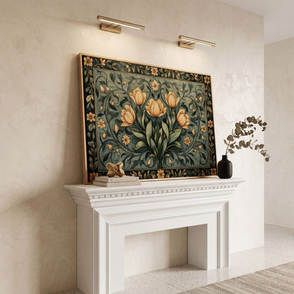 Art Nouveau Tulip Canvas Wall Art in Sage Green in white oak floating frame