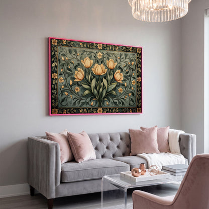 Art Nouveau Tulip Canvas Wall Art in Sage Green in pink floating frame