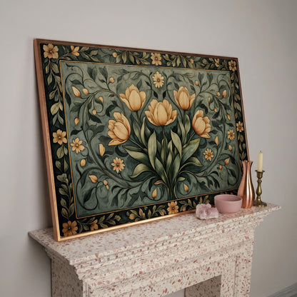 Art Nouveau Tulip Canvas Wall Art in Sage Green in rose gold floating frame