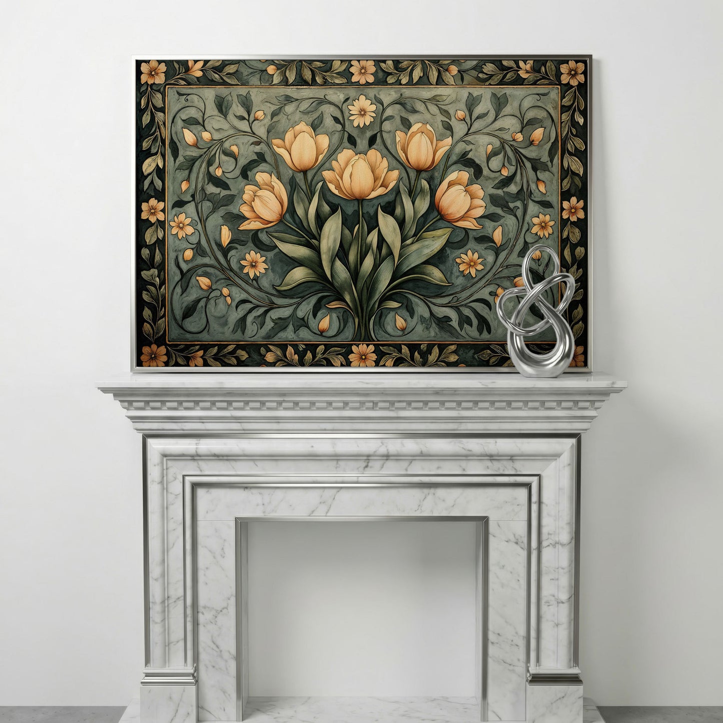 Art Nouveau Tulip Canvas Wall Art in Sage Green in silver floating frame