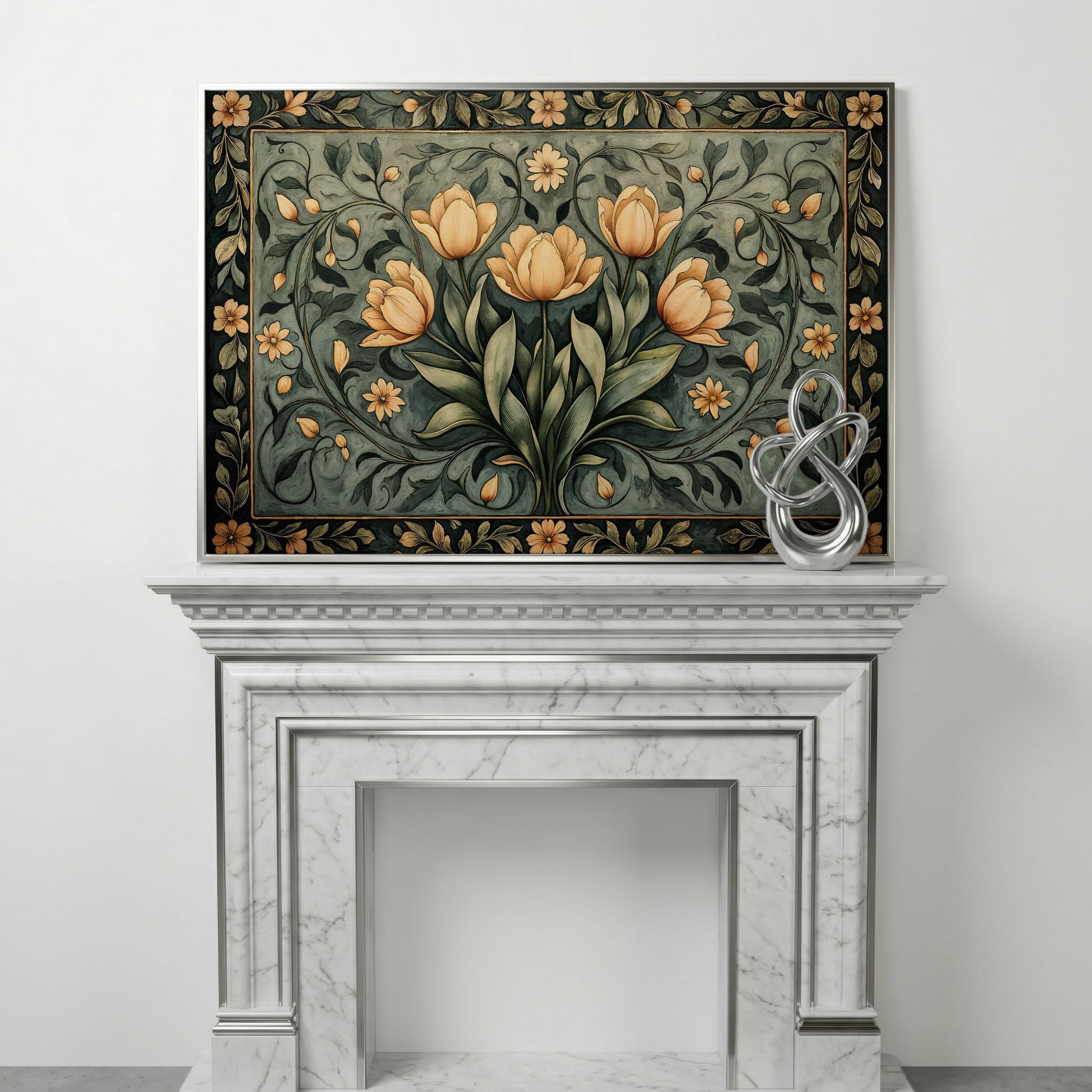 Art Nouveau Tulip Canvas Wall Art in Sage Green in silver floating frame