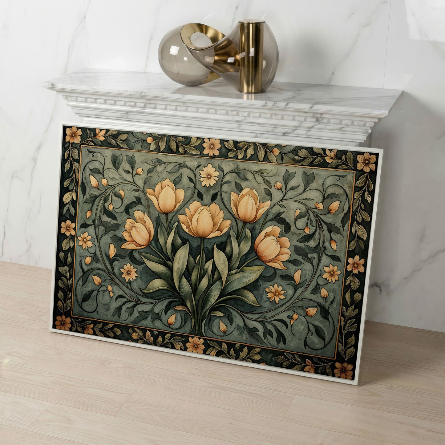 Art Nouveau Tulip Canvas Wall Art in Sage Green in white floating frame