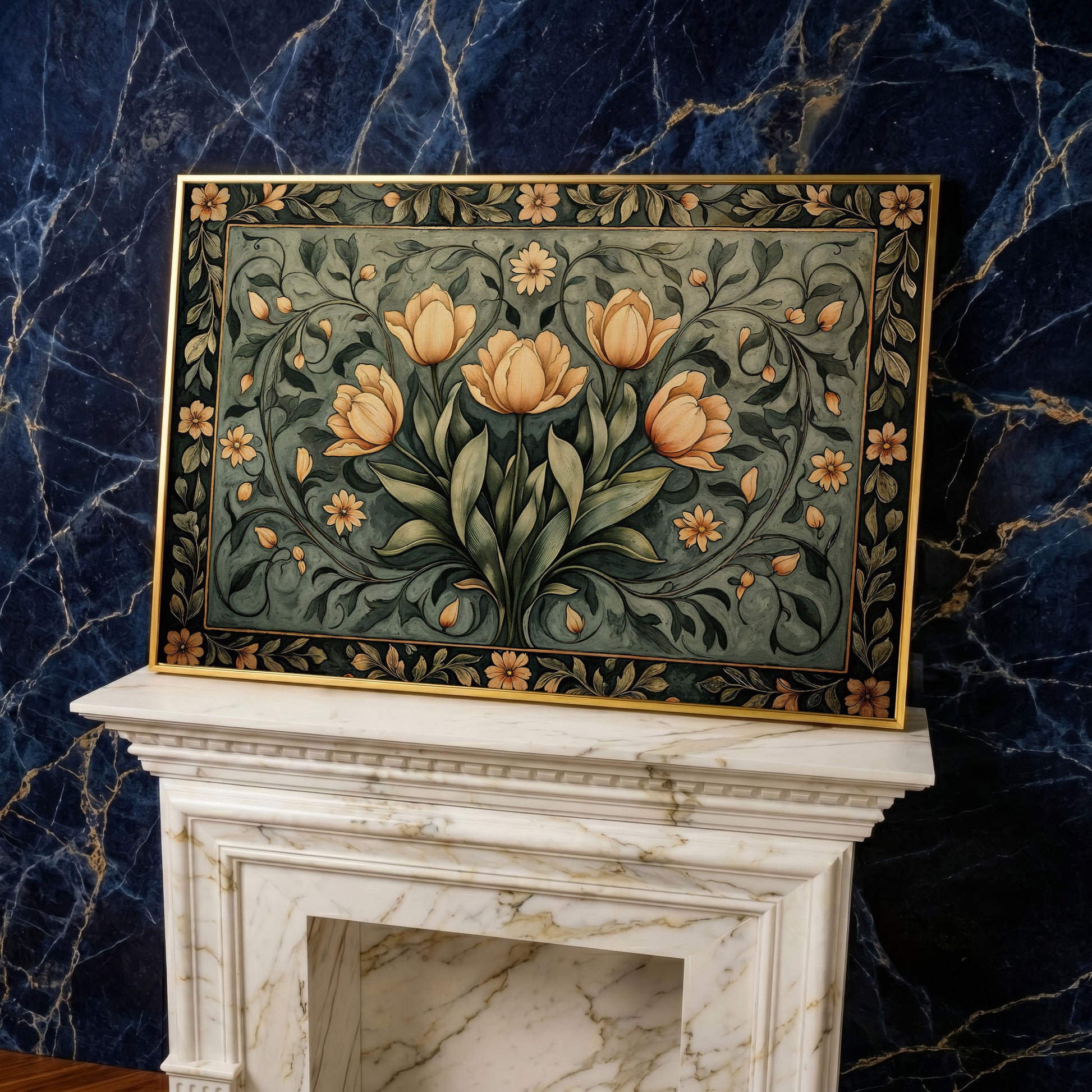 Art Nouveau Tulip Canvas Wall Art in Sage Green in yellow gold floating frame