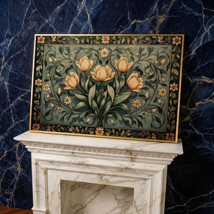 Art Nouveau Tulip Canvas Wall Art in Sage Green in yellow gold floating frame